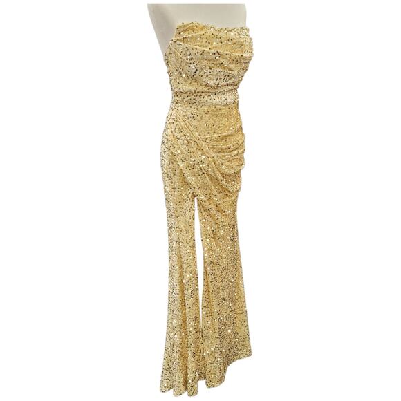 NWT Beige Gold Strapless Sequin Evening Gown with Corset Back on Velvet Fabric - Picture 3 of 12